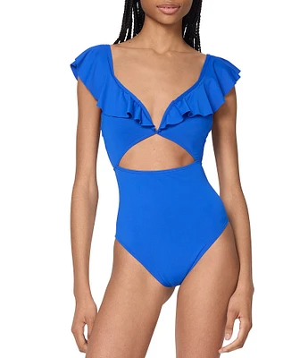 kate spade new york Solid Ruffle V-Wire Cut-Out Front One Piece Swimsuit