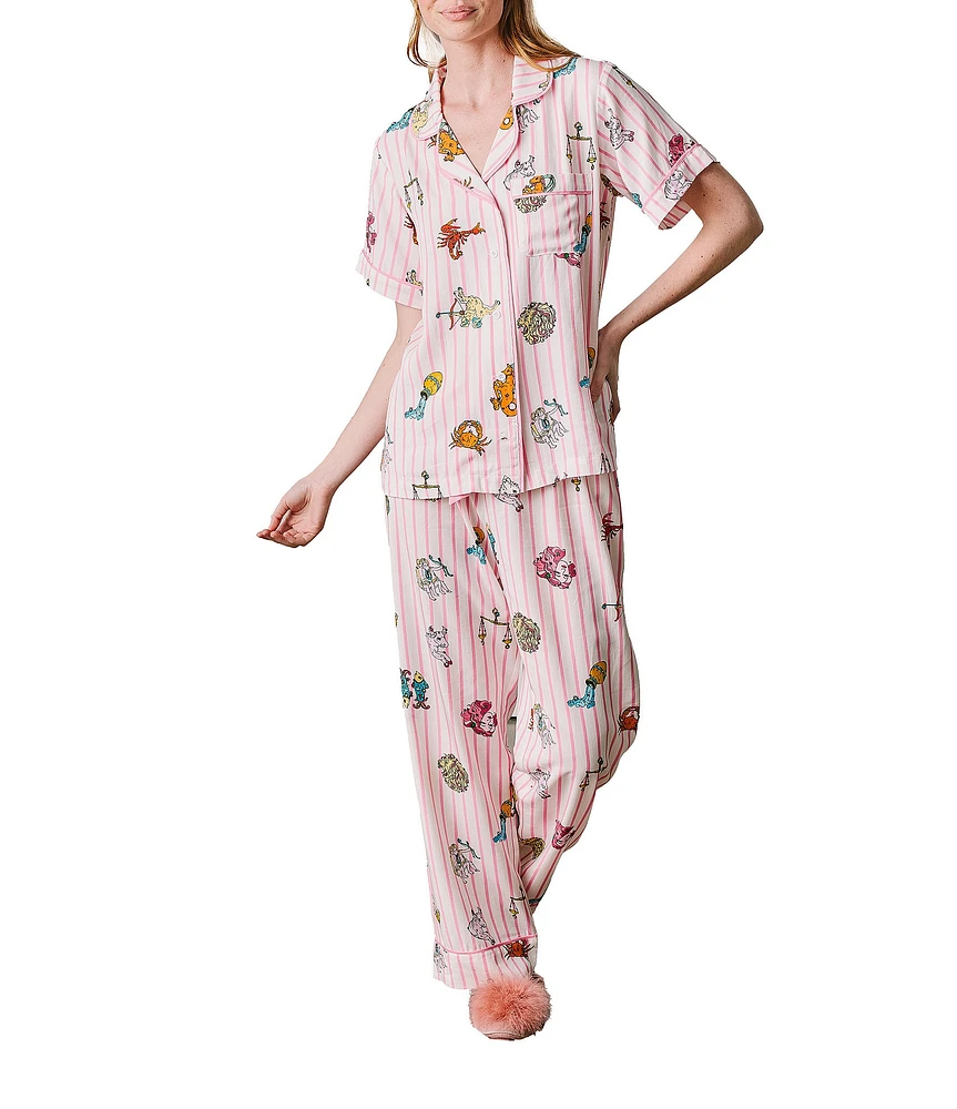 Katie Kime Short Sleeve Notch Collar Woven Zodiac Striped Print Pajama Pant Set