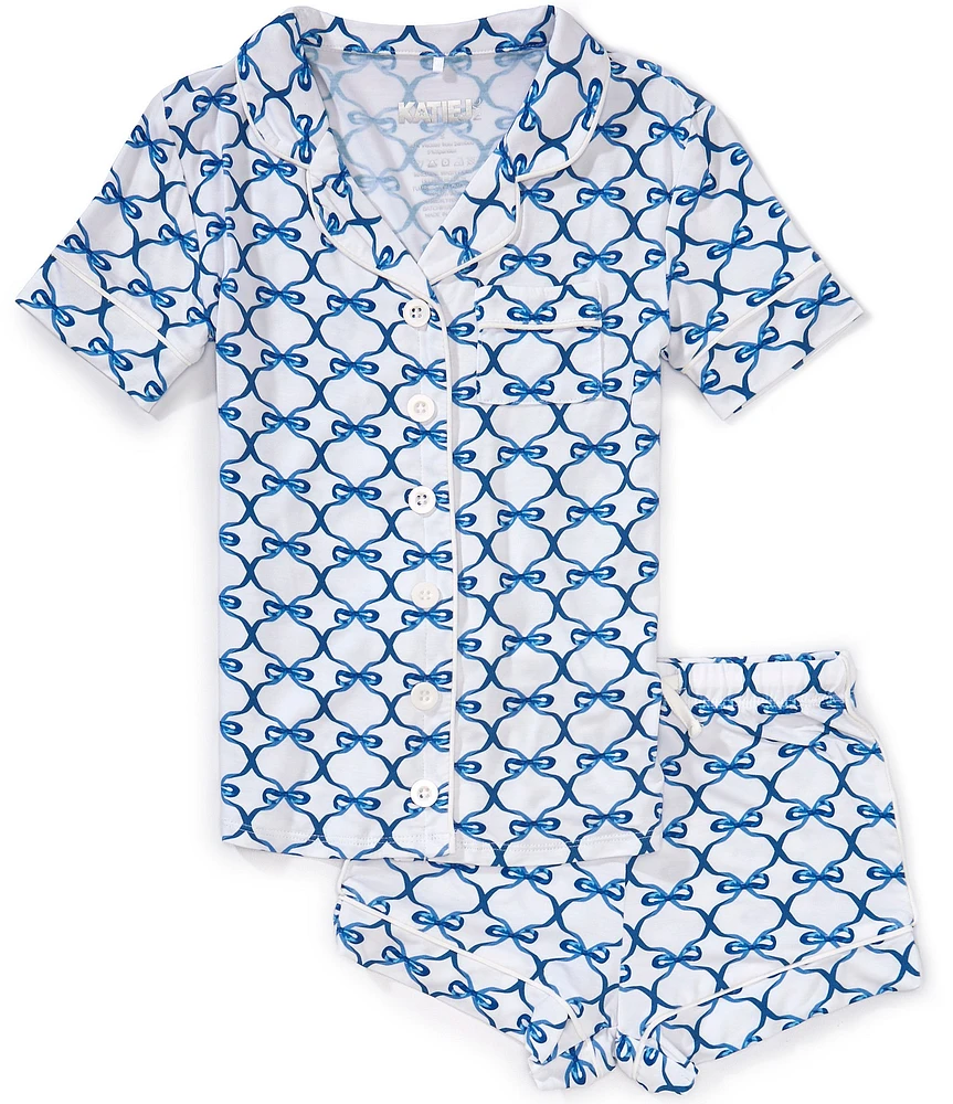 KatieJNYC Big Girls Lynn Bow Print Short Sleeve Button Front Top & Pajama Shorts Set