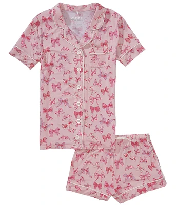 KatieJNYC Big Girls Lynn Bow Print Short Sleeve Collared Button Front Top & Pajama Shorts Set