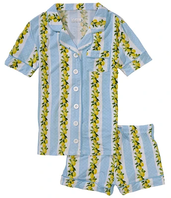 KatieJNYC Big Girls Lynn Lemon Print Short Sleeve Button Front Top & Pajama Shorts Set
