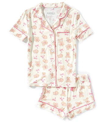 KatieJNYC Big Girls Lynn Teddy Bear Print Short Sleeve Button Front Top & Pajama Shorts Set
