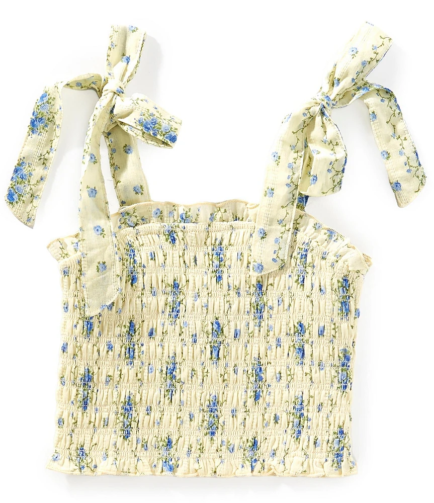 KatieJNYC Big Girls Sunny Floral Print Smocked Tie Shoulder Top