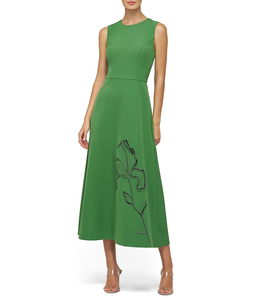 Kay Unger Blossom Stretch Crepe Crew Neck Embellished Midi A-Line Dress