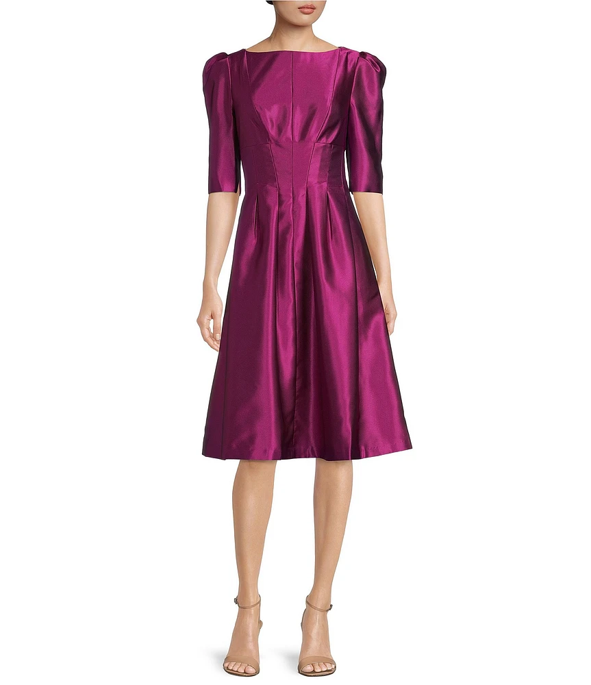 Kay Unger Boat Neck Short Puffed Sleeve Jacquard A-Line Dress