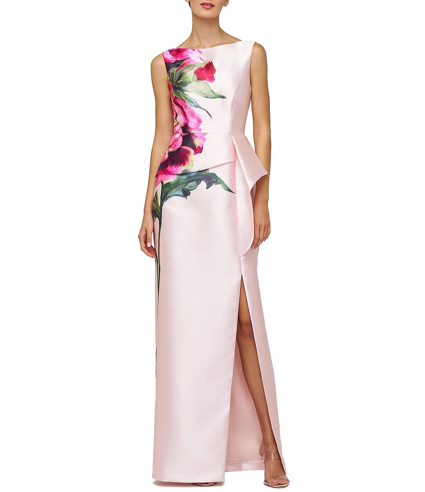 Kay Unger Eden Boat Neck Sleeveless Floral Placement Print Ruffle Peplum Mikado Column Gown