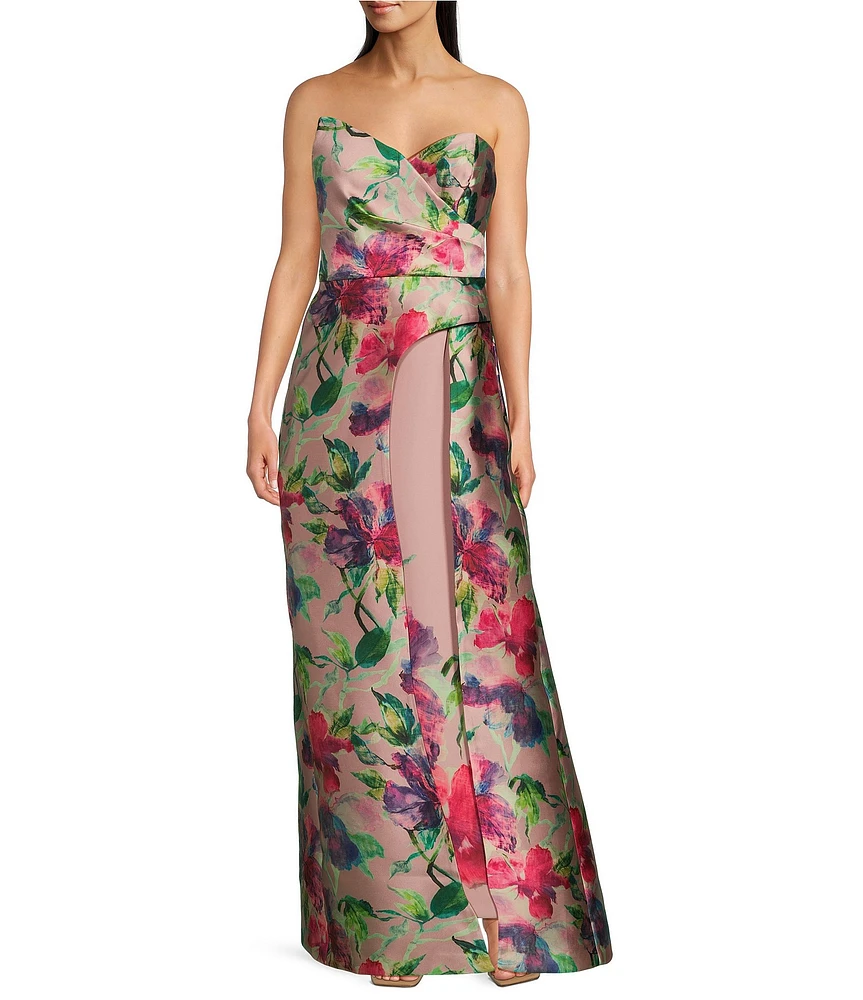 Kay Unger Marilyn Mikado Floral Print Strapless Neck Sleeveless Flared Overskirt Gown