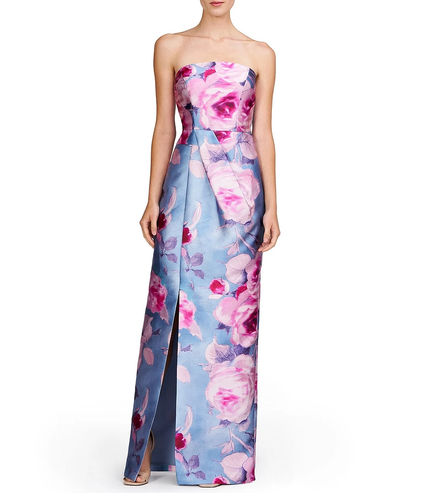 Kay Unger Mikado Floral Print Strapless Neck Sleeveless Pleated Sheath Gown
