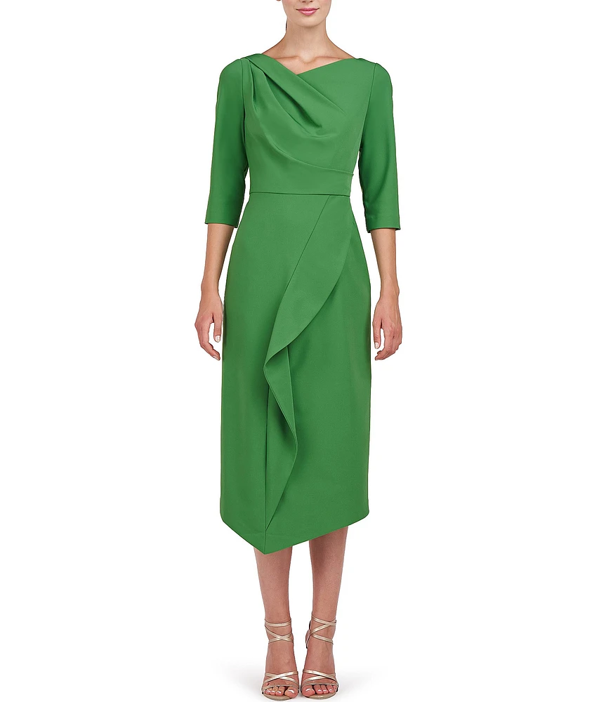 Kay Unger Stretch Crepe Asymmetrical Neckline 3/4 Sleeve Ruffle Front Midi Dress