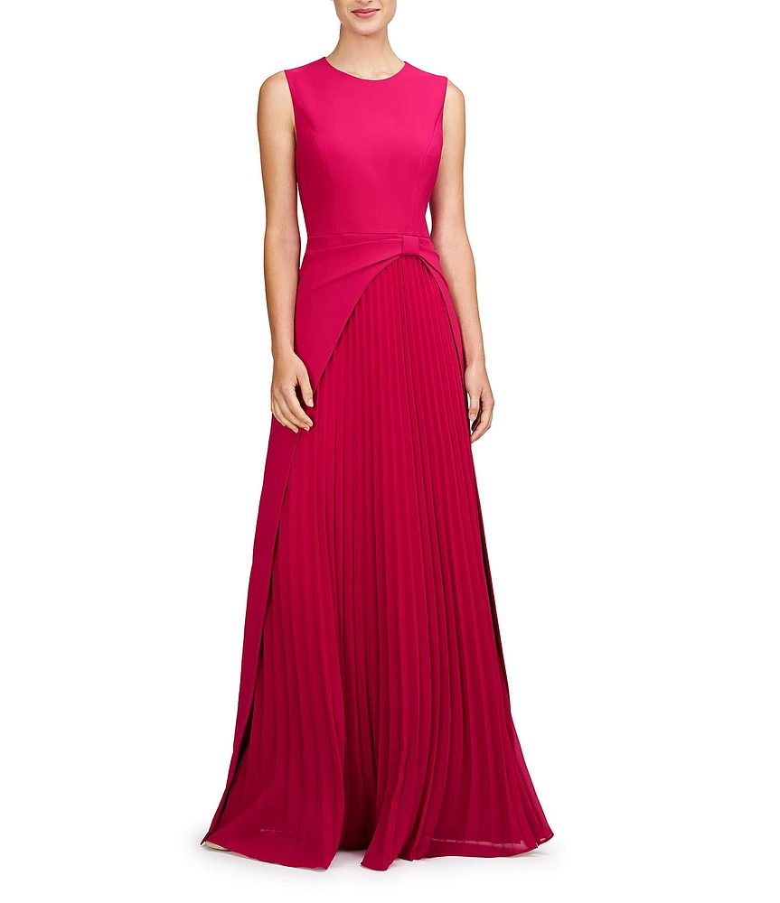 Kay Unger Stretch Crepe Chiffon Crew Neck Sleeveless Pleated A-Line Gown