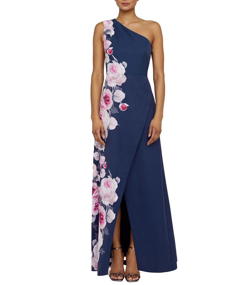 Kay Unger Stretch Crepe Floral Placement Print One Shoulder Neck Sleeveless Sheath Gown