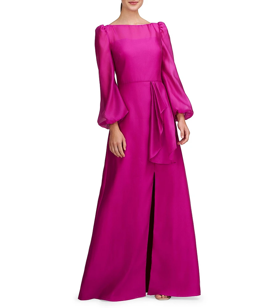 Kay Unger Sydney Illusion Boat Neck V-Back Textured Organza Bishop Sleeve Gown