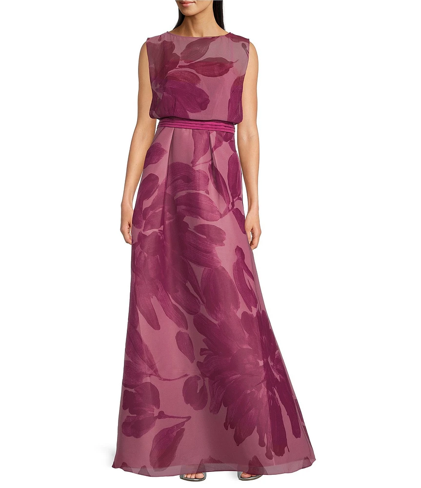 Kay Unger Tess Chiffon Floral Print Crew Neck Sleeveless Pleated Waistband Blouson Gown