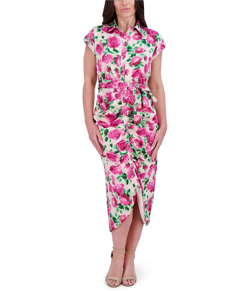Kensie Charmuese Floral Print Point Collar Neck Short Sleeve Button Front Tie Waist Shirt Midi Dress