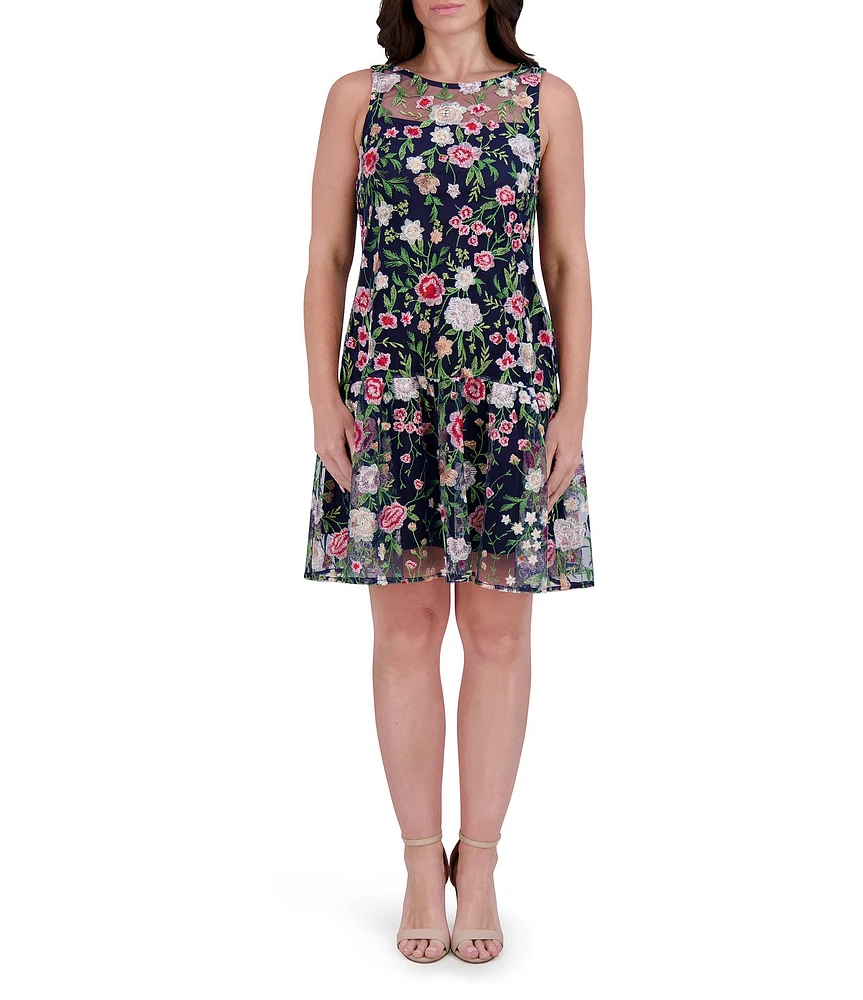 Kensie Embroidered Mesh Floral Print Boat Neck Sleeveless Shift Mini Dress