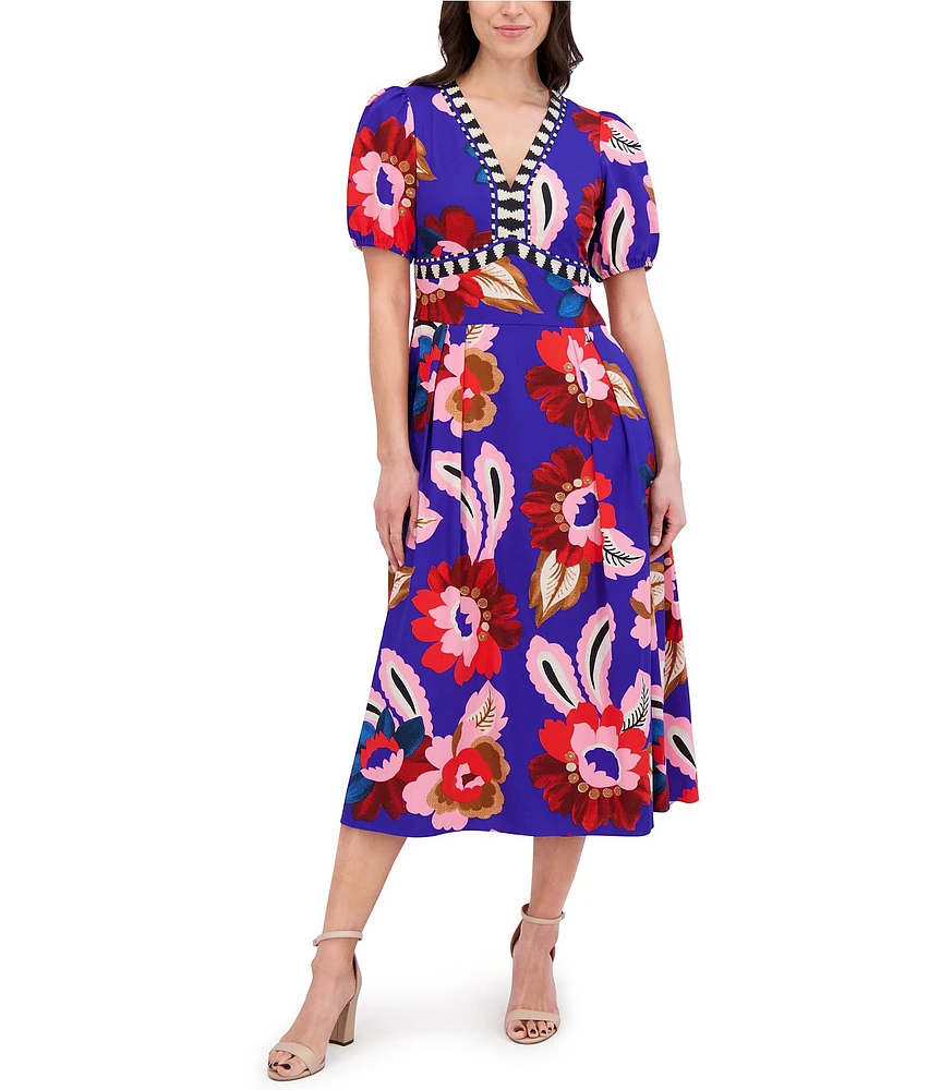 Kensie Floral Print Textured Woven Midi Dress