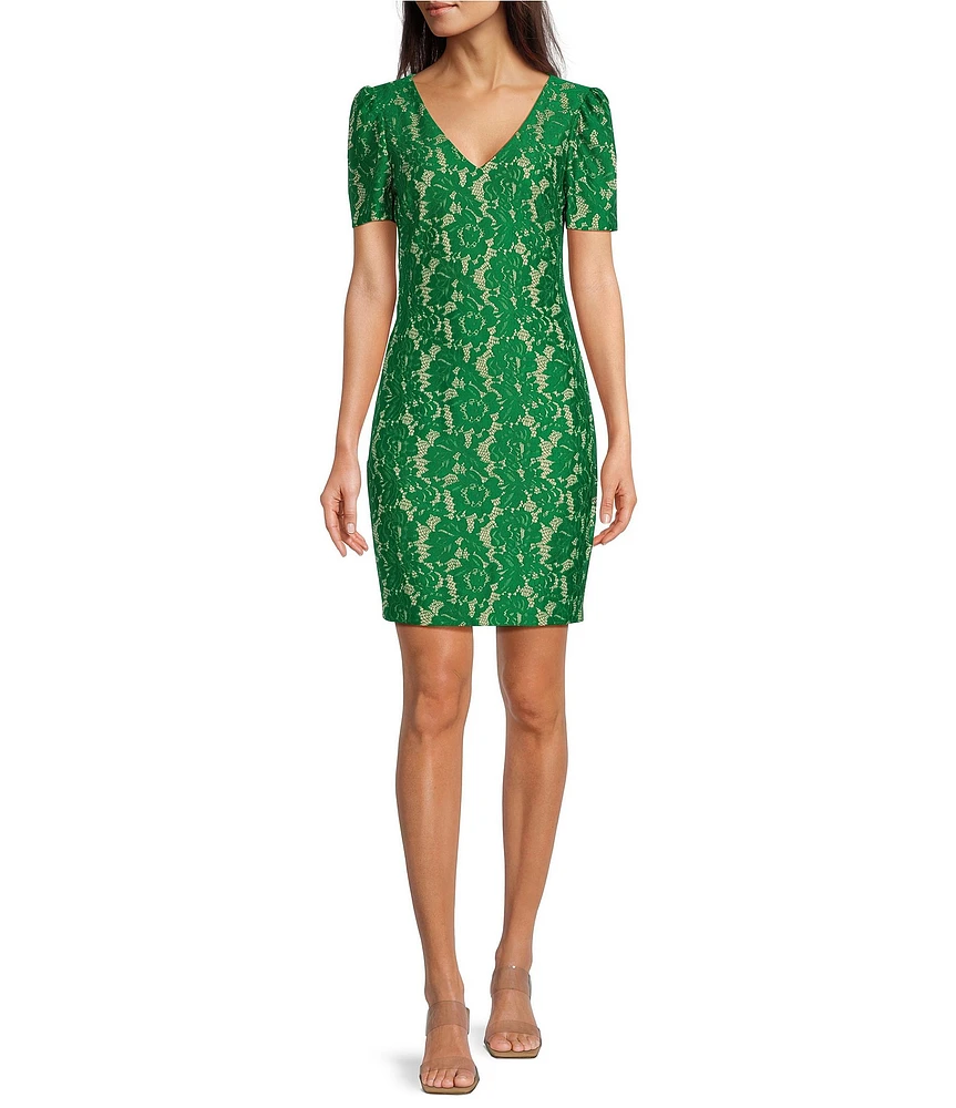 Kensie Lace V-Neck Short Sleeve Sheath Mini Dress