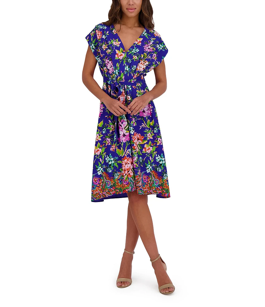 Kensie Woven Floral Print V-Neck Short Sleeve A-Line Dress