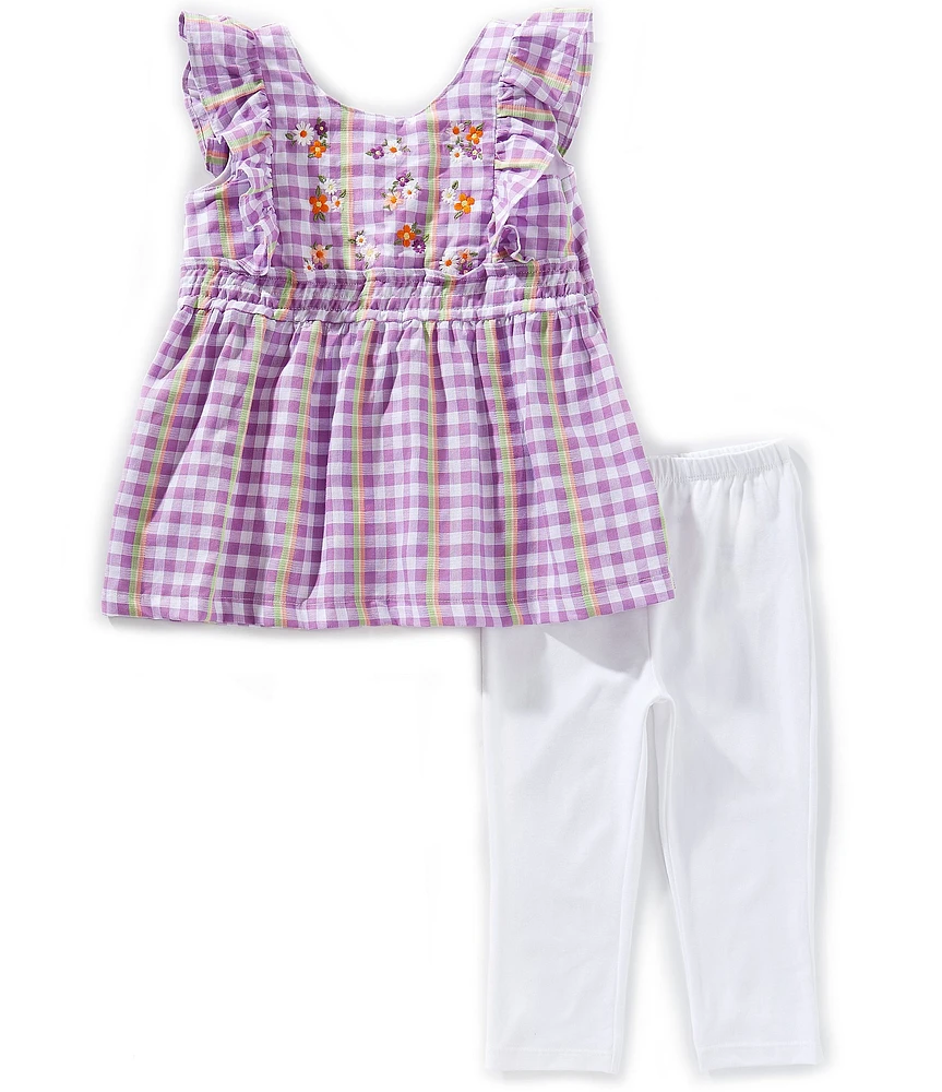 Kids Headquarters Little Girls Flutter-Sleeve Plaid Fit-And-Flare Dress & Solid Capri Leggings Set