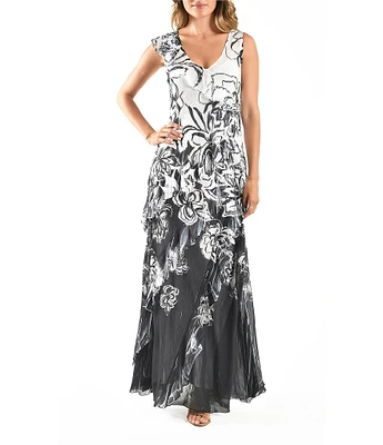 Komarov Charmeuse Chiffon Floral Print V Neck Sleeveless Ruffle Sheath Maxi Dress