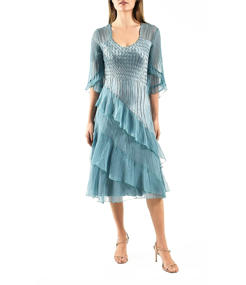 Komarov Charmeuse Chiffon Tulip Sleeve Tiered Diagonal Hem Fit & Flare Midi Dress