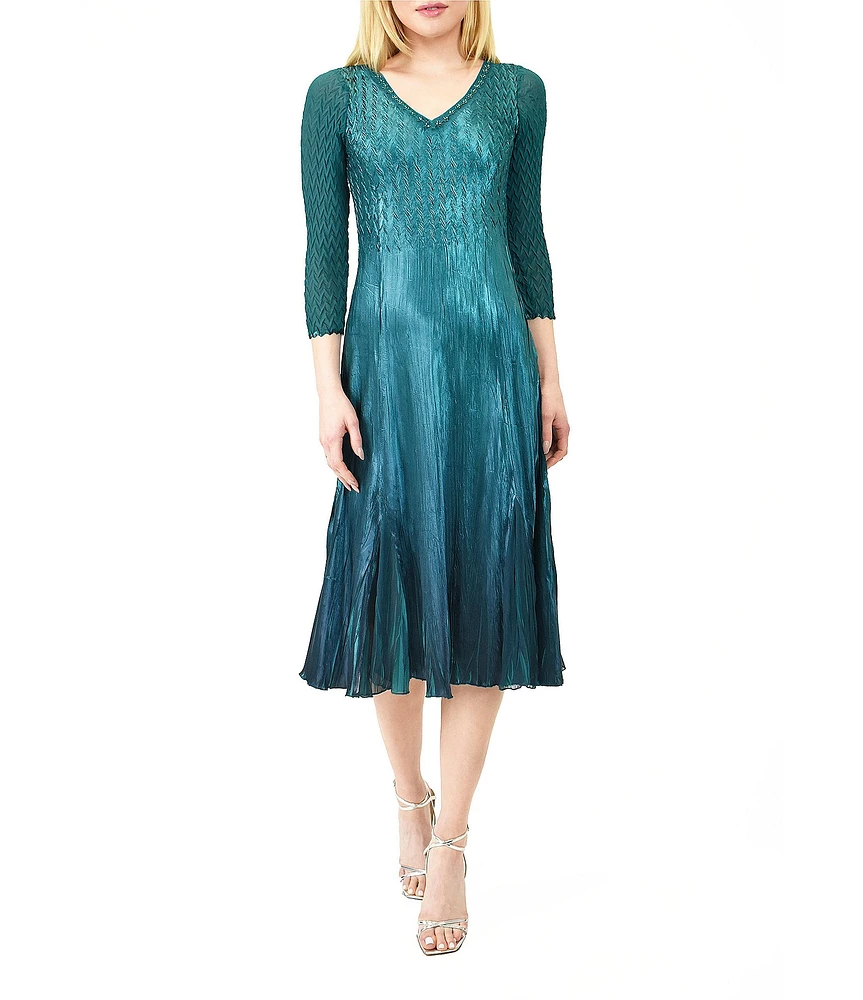 Komarov Charmeuse Chiffon V-Neck 3/4 Sleeves Beaded Trim Fit & Flare Midi Dress