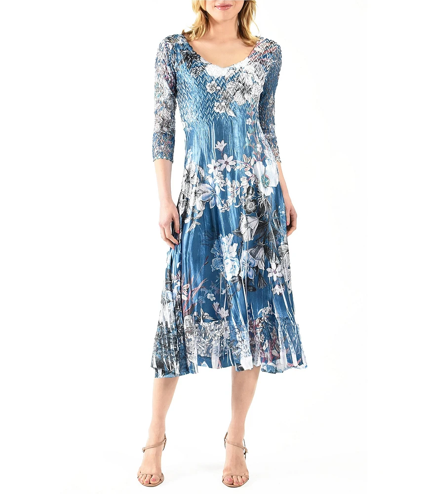 Komarov Charmeuse Floral Print Lace V-Neck 3/4 Sleeve Pleated Fit and Flare Midi Dress