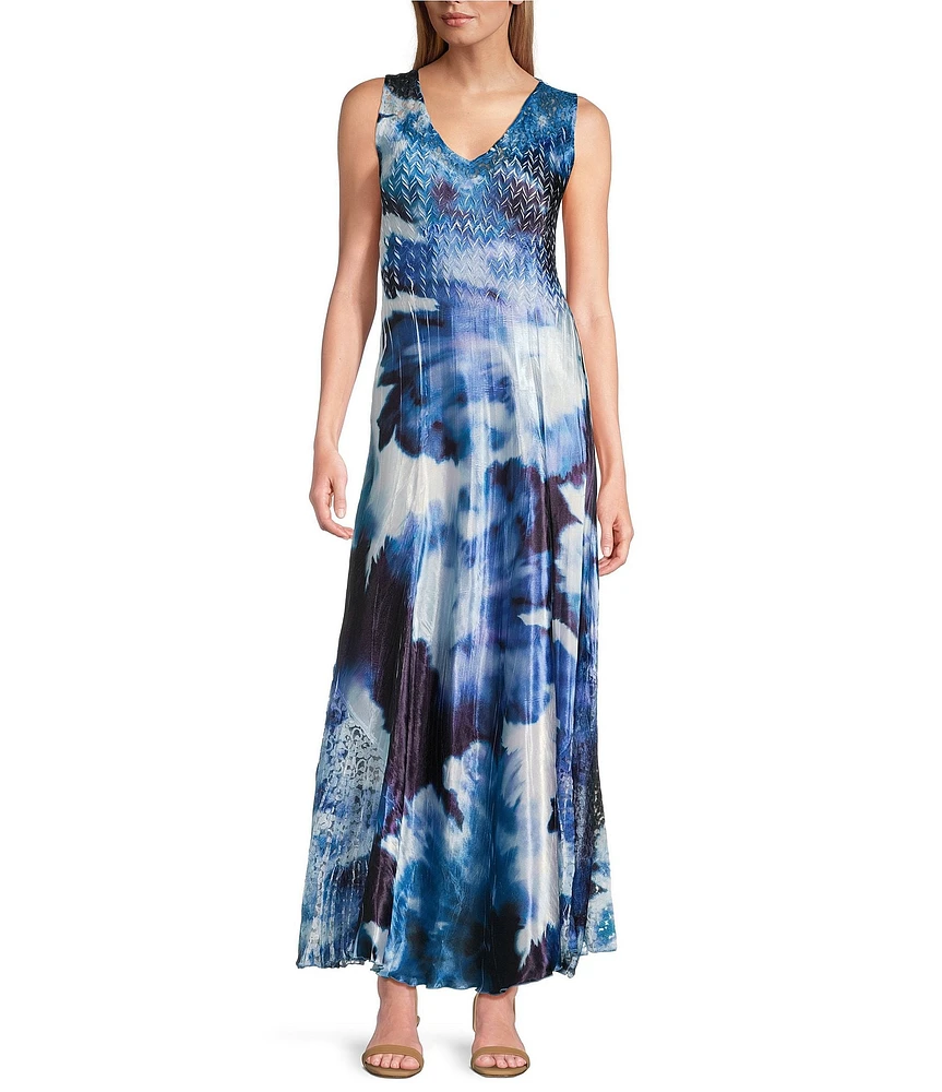 Komarov Charmeuse Lace Floral Print V-Neck Sleeveless Maxi Dress