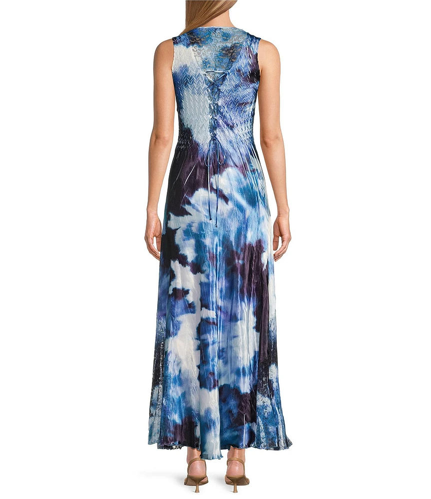 Komarov Charmeuse Lace Floral Print V-Neck Sleeveless Maxi Dress