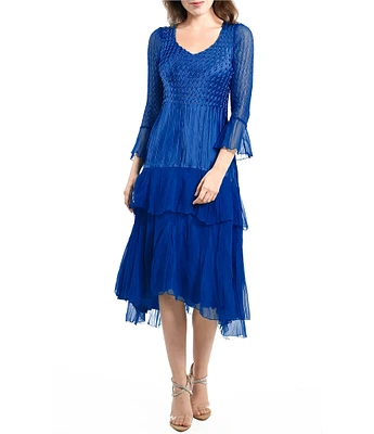 Komarov Charmeuse Lace V Neck 3/4 Sleeve Tiered Midi Dress