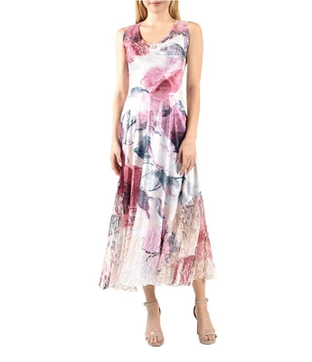 Komarov Floral Charmeuse Lace V-Neck Sleeveless Fit & Flare Midi Dress