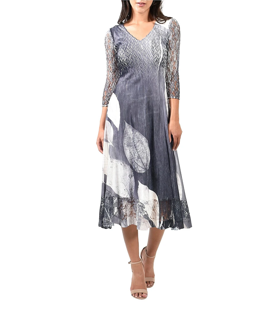 Komarov Lace Pleated Print Charmeuse V-Neck 3/4 Sleeve Midi Dress