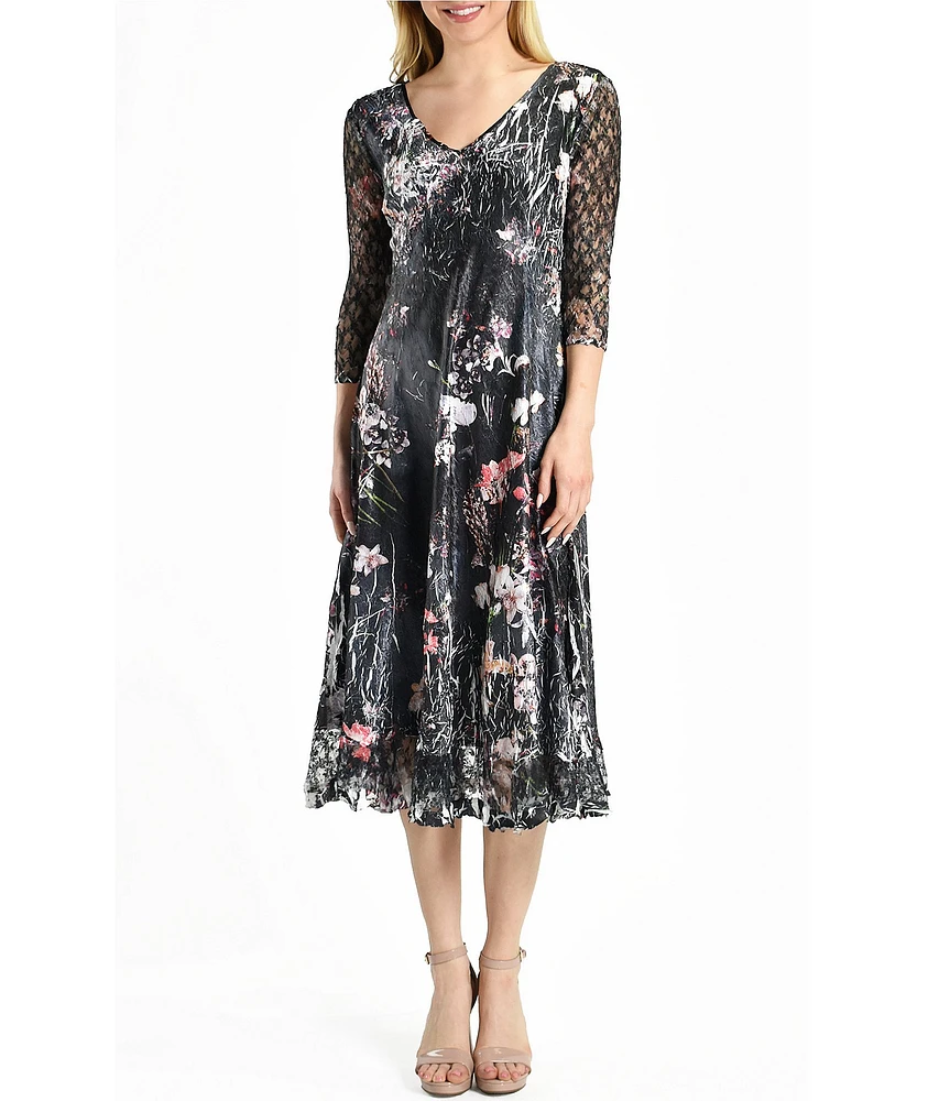 Komarov Pleated Charmeuse V Neckline Lace 3/4 Sleeve A Line Midi Dress