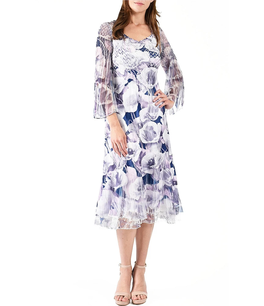 Komarov Pleated Floral V-Neck 3/4 Wide Chiffon Sleeve Layered Hem Midi Dress