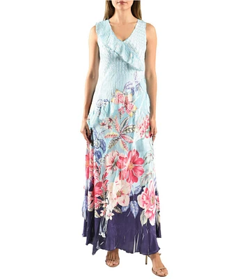 Komarov Ruffle V-neck Sleeveless Floral Print Charmeuse Maxi Dress