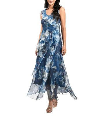 Komarov Sleeveless Ruffled V-Neck Chiffon Maxi Dress