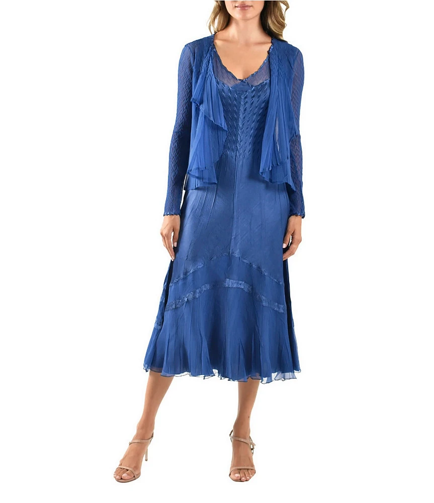 Komarov Two Piece Set V-Neck A-Line Charmeuse Midi Dress with Drape Front Mixed Media Cardigan