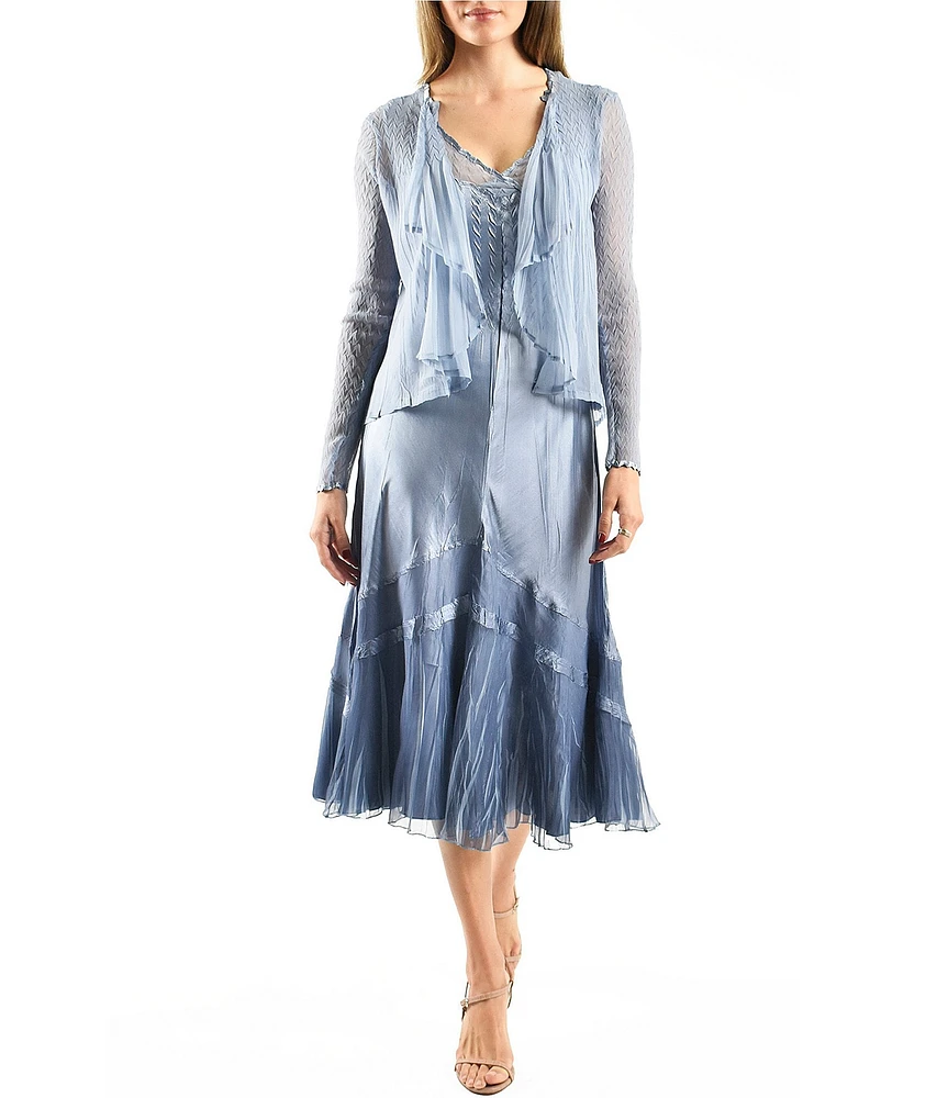Komarov Two Piece Set Charmeuse Chiffon V-Neck A-Line Midi Dress With Cardigan