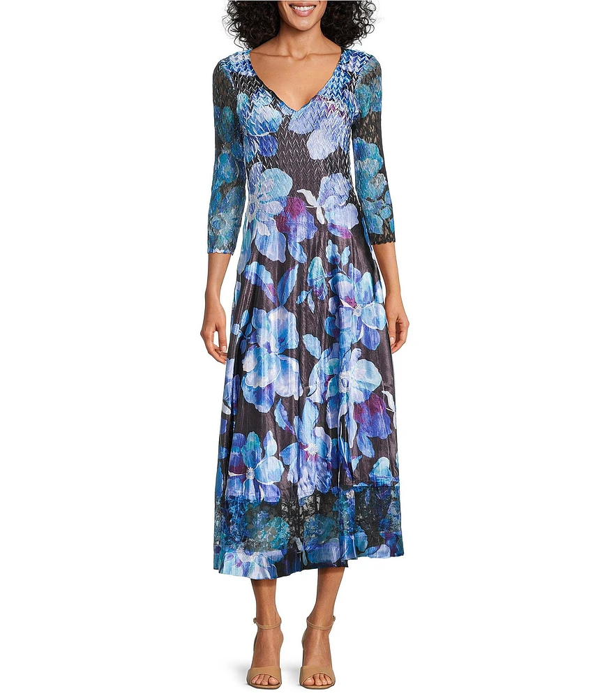 Komarov V-neck 3/4 Sleeve Floral Printed Charmeuse Satin Lace Inset A-Line Midi Dress