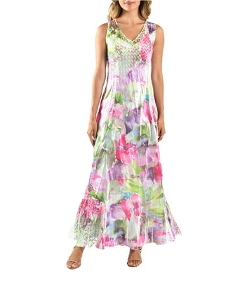 Komarov V-Neck Sleeveless Vivid Flora Lace Inset A-Line Charmeuse Maxi Dress
