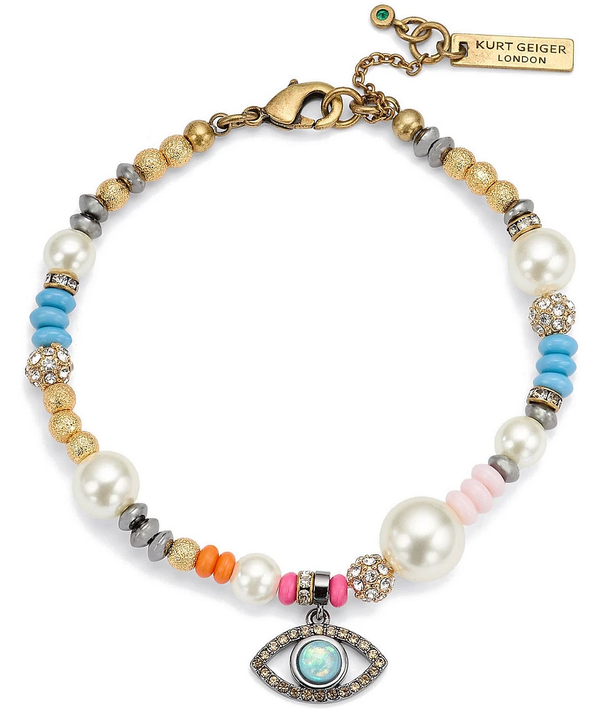 Kurt Geiger London Boho Evil Eye Charm Pearl Strand Line Bracelet