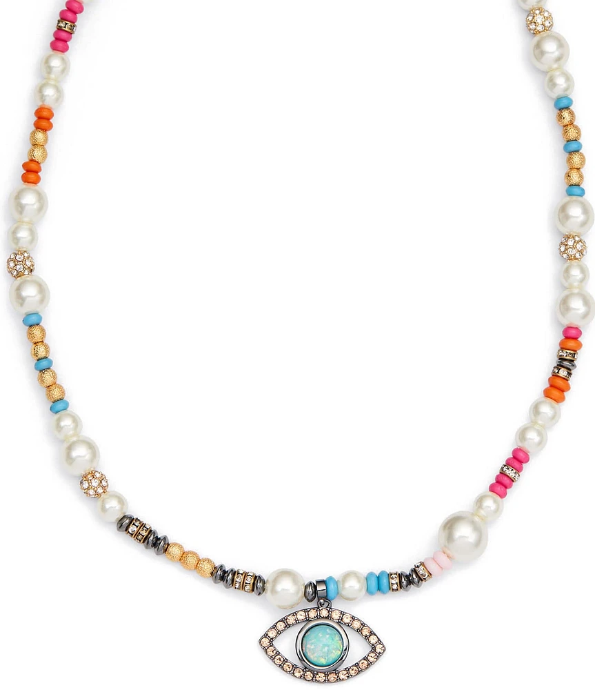 Kurt Geiger London Boho Evil Eye Pearl Strand Short Pendant Necklace
