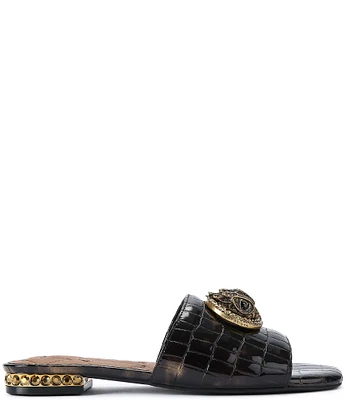 Kurt Geiger London Chelsea Crocodile Skin Patent Leather Tortoise Print Logo Ornament Slide Sandals