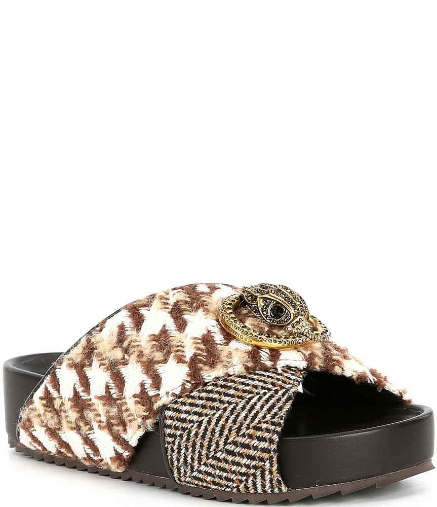 Kurt Geiger London Chelsea Jacquard Herringbone Mixed Media Crisscross Logo Platform Platform Slide Sandals