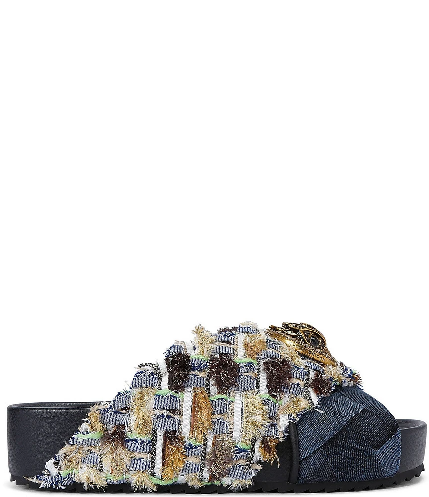 Kurt Geiger London Chelsea Woven Denim Frayed Criss Cross Logo Ornament Platform Slide Sandals