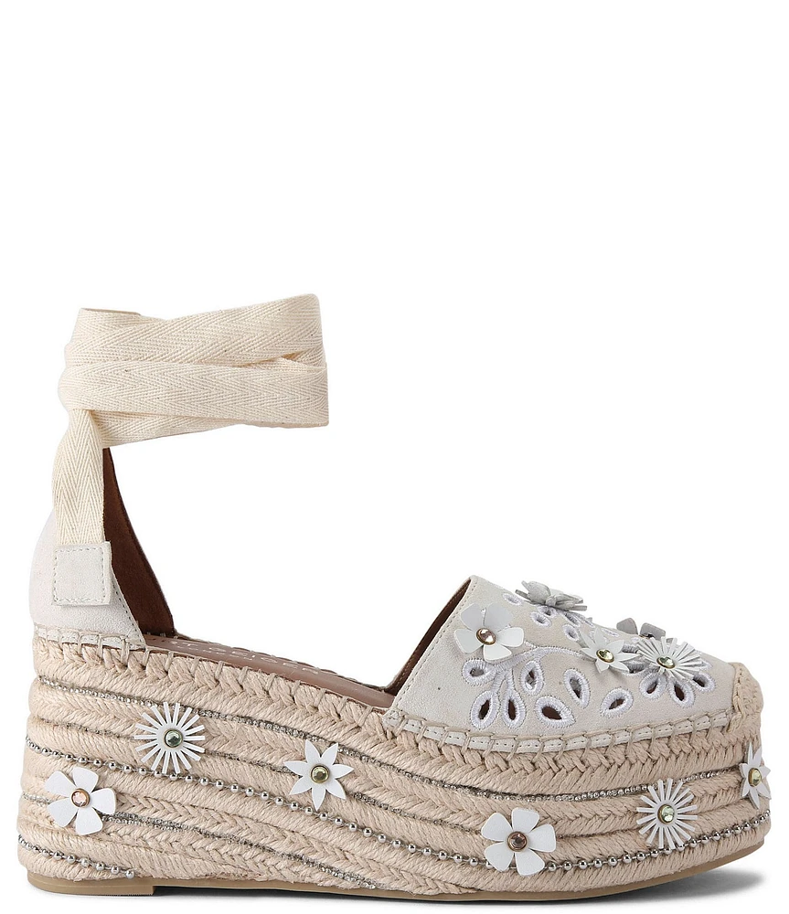 Kurt Geiger London Flower Ornamented Ankle Wrap Platform Espadrille Wedges