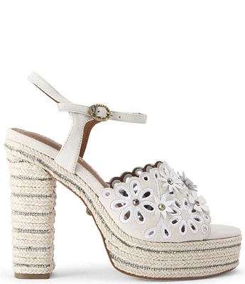 Kurt Geiger London Perforated Suede Flower Ornamented Ankle Wrap Platform Espadrille Sandals
