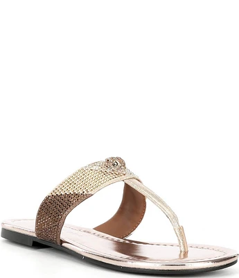 Kurt Geiger London Kensington Metallic Crystal Embellished Colorblock Logo Ornament T-Bar Sandals
