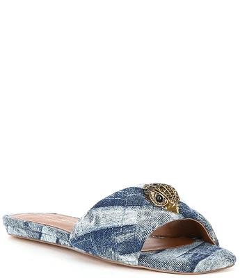 Kurt Geiger London Kensington Denim Patchwork Logo Ornament Slide Sandals