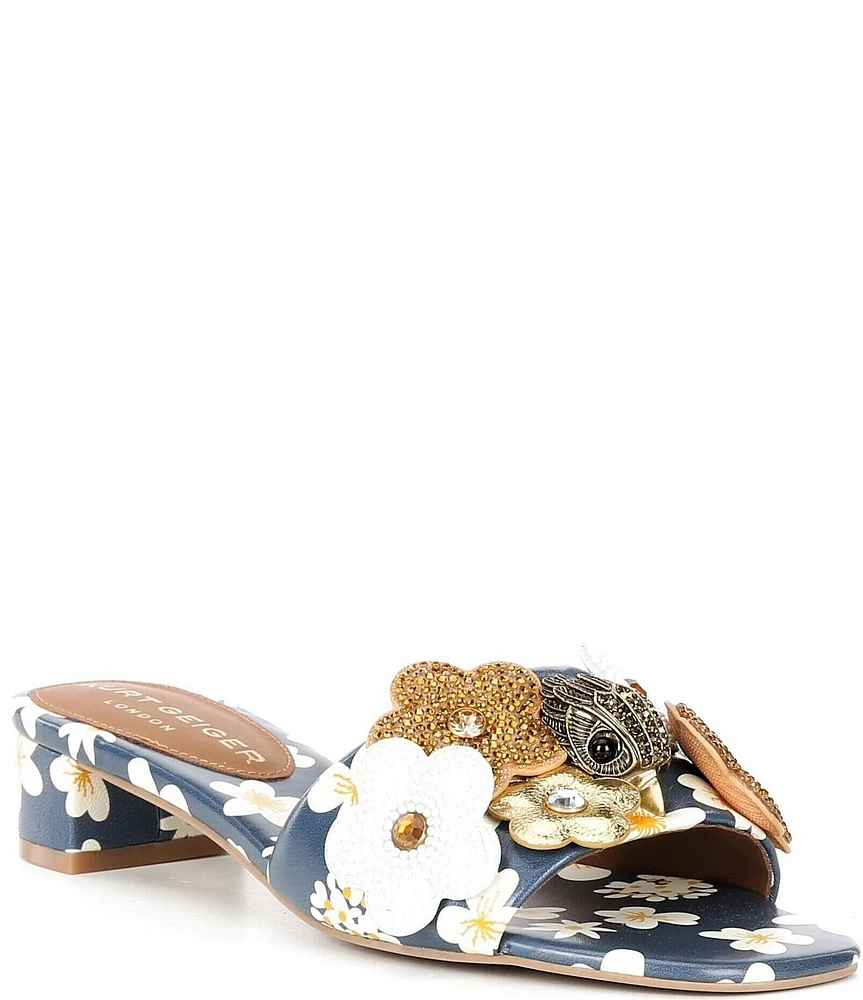 Kurt Geiger London Kensington Floral Leather Ornamented Block Heel Slide Sandals